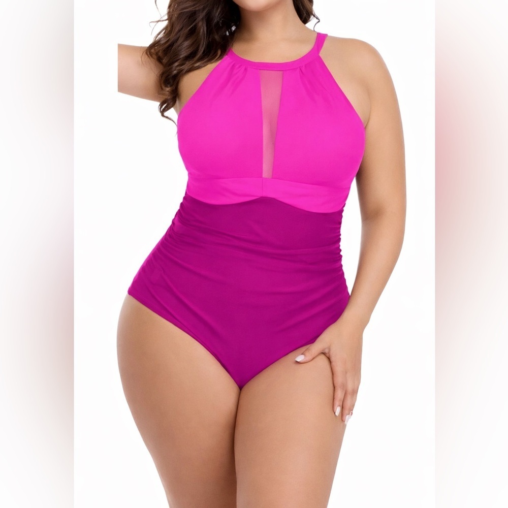 Aqua Eve Pink One-Piece Swimsuit Size 18 NWT Mesh Panel Tummy Control - Picture 2 of 9
